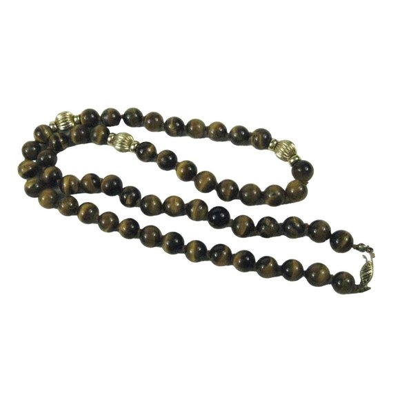 Tiger Eye Beaded Necklace 26 Long Single Strand Knots 14k Gold Filled Clasp VTG - Picture 1 of 7